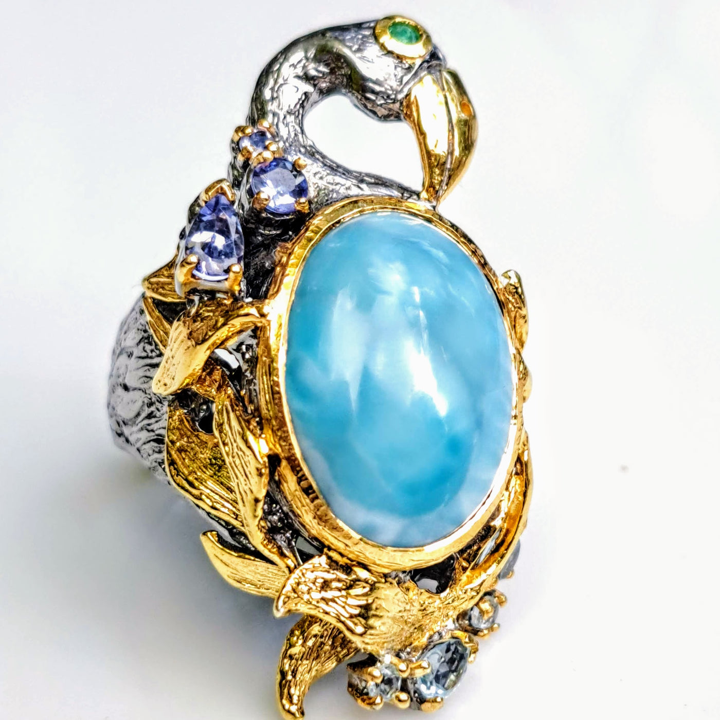 "Blue Flamingo" Sz 8 Ring - Larimar, Tanzanite, Emerald, Blue Topaz. Black Sterling, 22k