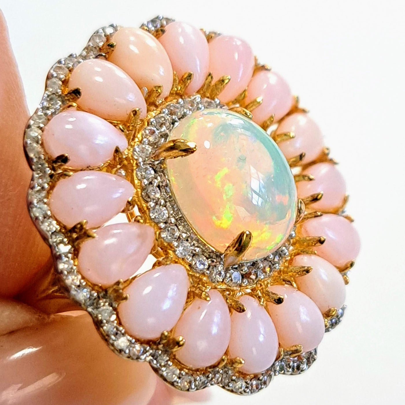 "Petal" Sz 7.5 Ring - White Opal, Pink Opal, White Zircon, 18k Gold Sterling