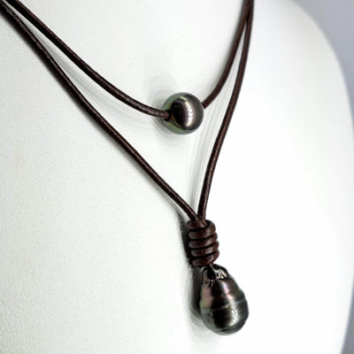 "Double Dip" Necklace - Tahitian Pearl, Leather