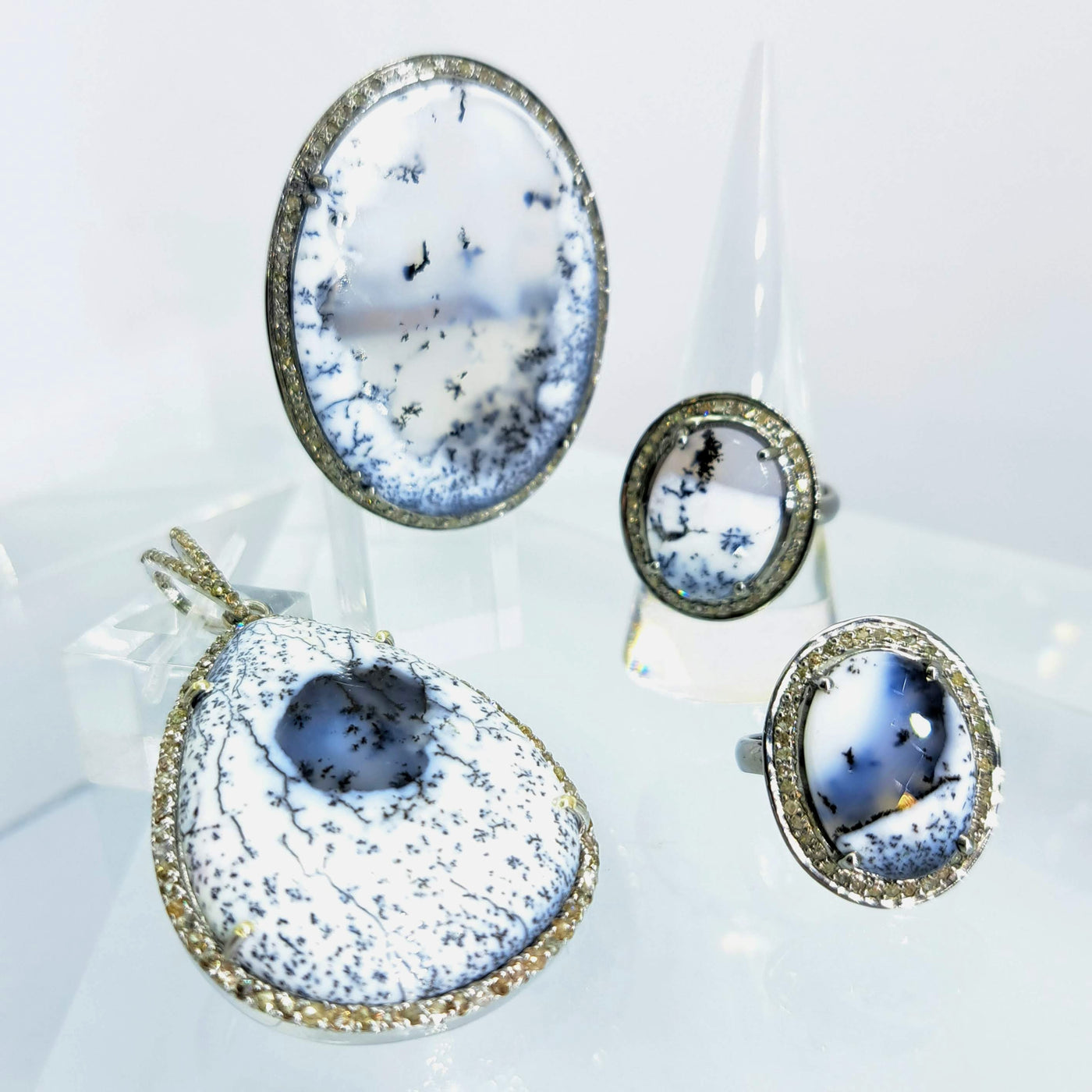 "Dendrites & Diamonds" Necklace - Dendritic Opal, Diamond, Sterling
