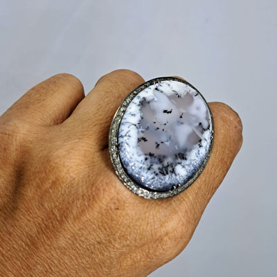 "Black & White #4" Sz 8 Ring Dendritic Opal, Diamond, Black Sterling