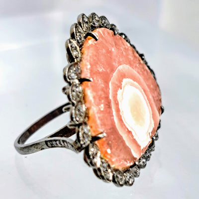 "Scarlett" Sz 7 Ring - Rhodochrosite, Diamonds, Black Sterling