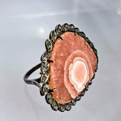 "Scarlett" Sz 7 Ring - Rhodochrosite, Diamonds, Black Sterling