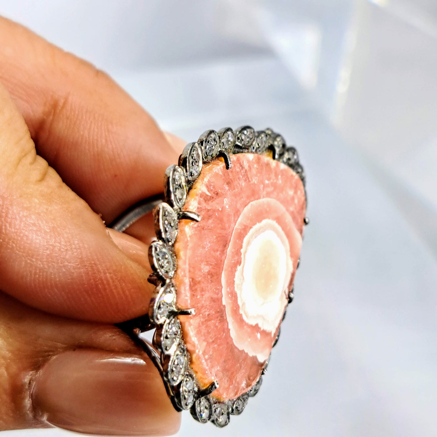 "Scarlett" Sz 7 Ring - Rhodochrosite, Diamonds, Black Sterling