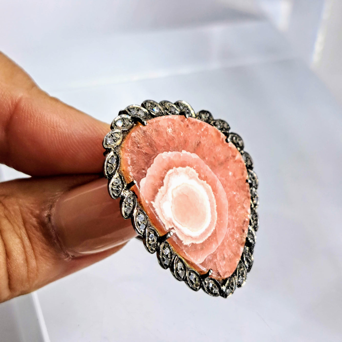 "Scarlett" Sz 7 Ring - Rhodochrosite, Diamonds, Black Sterling