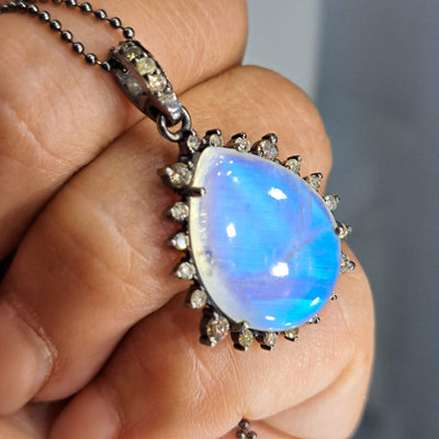 "The Mystic" Pendant Necklace - Diamonds, Moonstone, Black Sterling