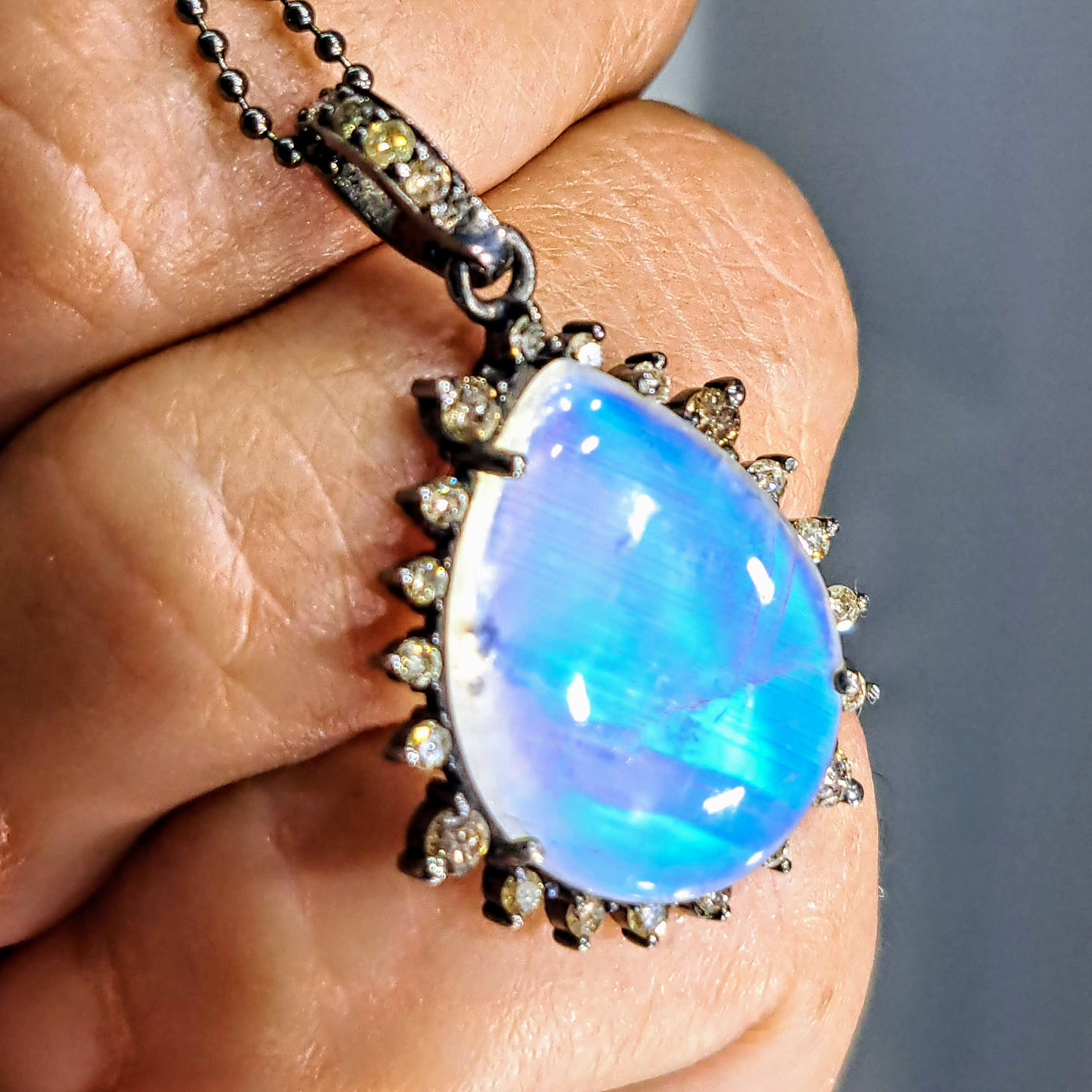 "The Mystic" Pendant Necklace - Diamonds, Moonstone, Black Sterling