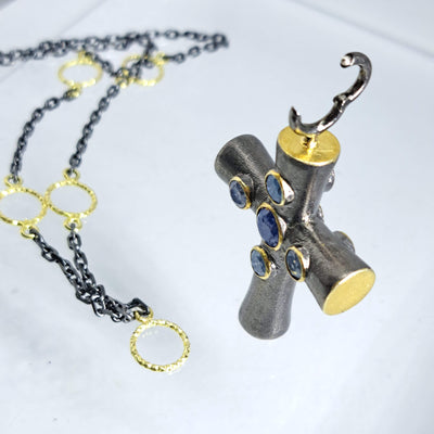 "Lady-Pirate" Pendant Necklace - Sapphire, Black Sterling, 18k