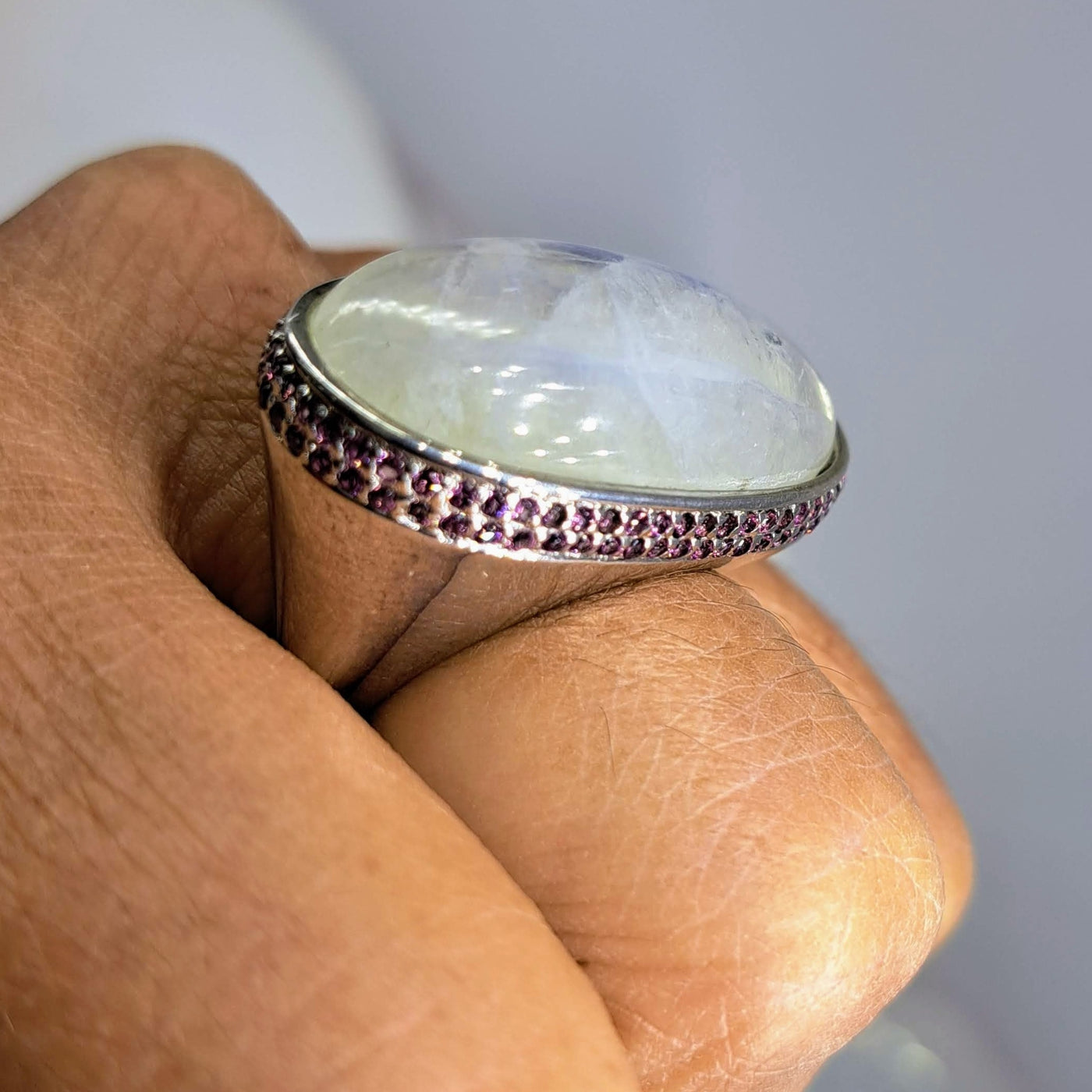 "Moon Over My Hammy" Sz 8 Ring - Moonstone, Rhodolite Garnet, Sterling