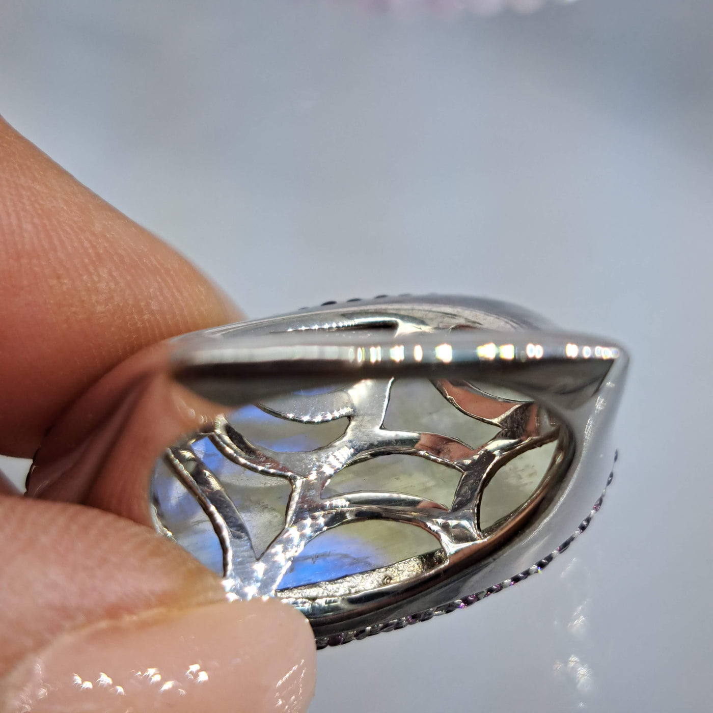 "Moon Over My Hammy" Sz 8 Ring - Moonstone, Rhodolite Garnet, Sterling