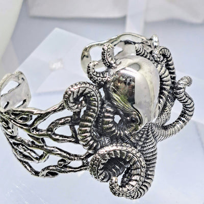 "Octopus Teacher" Cuff Bracelet - Sterling, Onyx Eyes