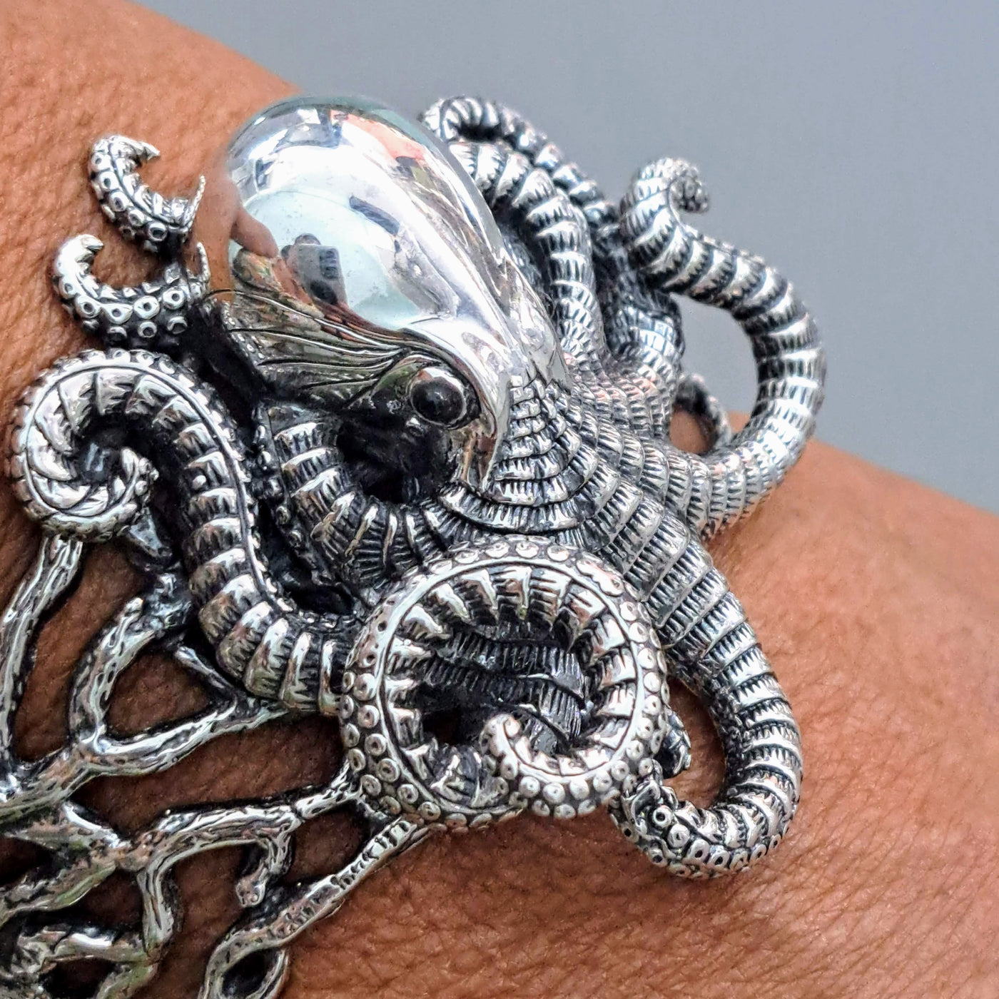 "Octopus Teacher" Cuff Bracelet - Sterling, Onyx Eyes