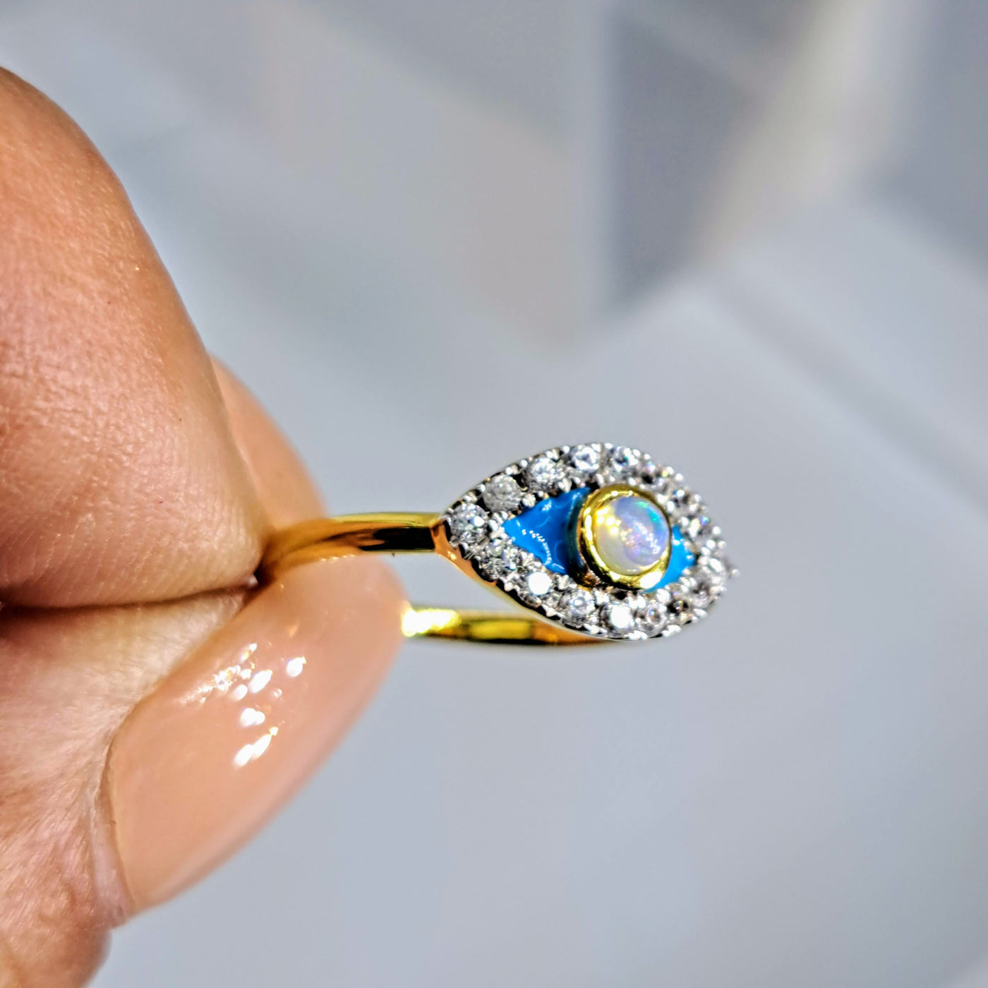 "Eyes On You" Sz 7 Ring - Opal, Enamel, White Zircon, 18k Sterling