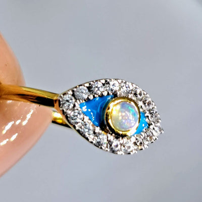 "Eyes On You" Sz 7 Ring - Opal, Enamel, White Zircon, 18k Sterling