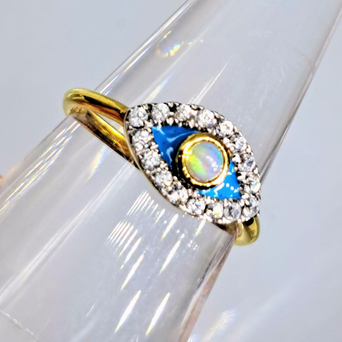 "Eyes On You" Sz 7 Ring - Opal, Enamel, White Zircon, 18k Sterling