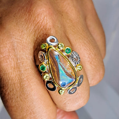 "Garden of 'O's" Sz 8 Ring - Boulder Opal, Emerald, Peridot, 18k Gold Sterling