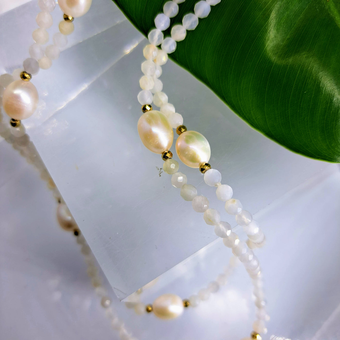 "Many Moons" 60" Necklace - Moonstone, Pearls, Gold Hematite