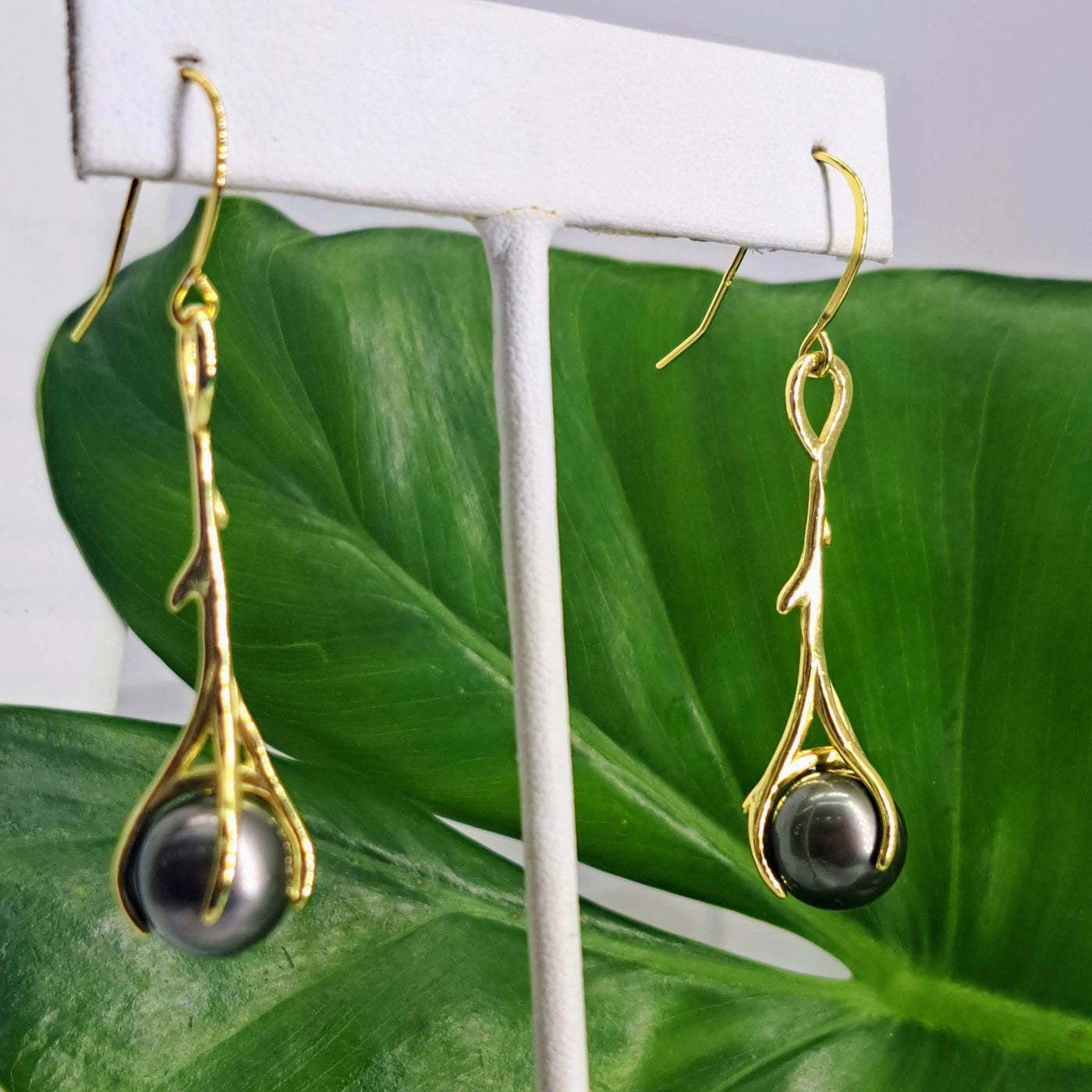 "Divining Rods" 2.25"  Earrings - Tahitian Pearls, Gold Sterling
