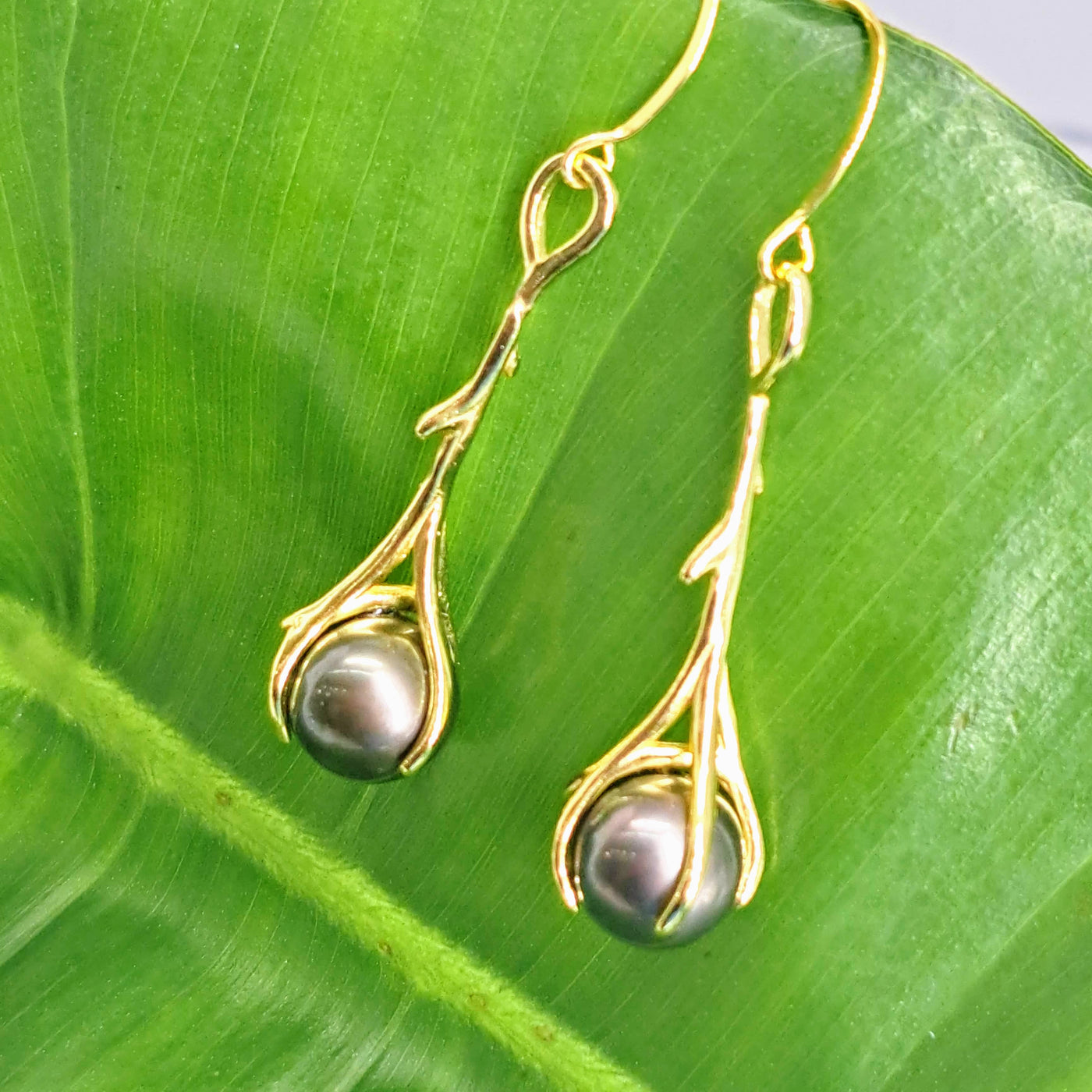 "Divining Rods" 2.25"  Earrings - Tahitian Pearls, Gold Sterling