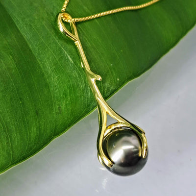 "Divining Rod" 18" Pendant Necklace  - Tahitian Pearl, 18k Gold Sterling