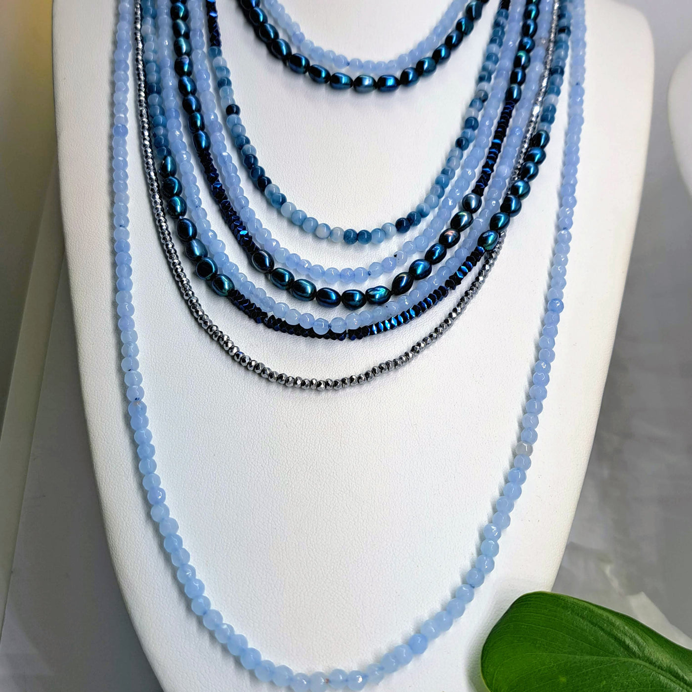 "Lovely Blues" 16"-20" (30" at Longest Length) Necklace - Pearl, Hematite. Chalcedony, Agate, Sterling