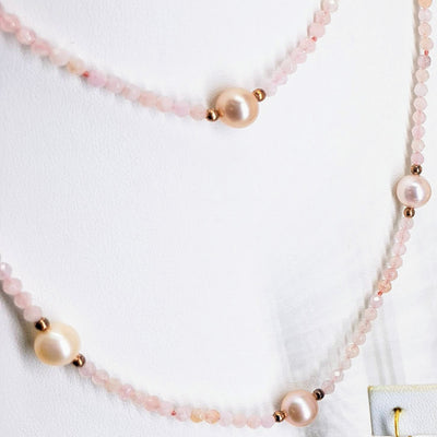 "Rosé" 36" Necklace - Pearl, Rose Quartz, Rose Gold Sterling
