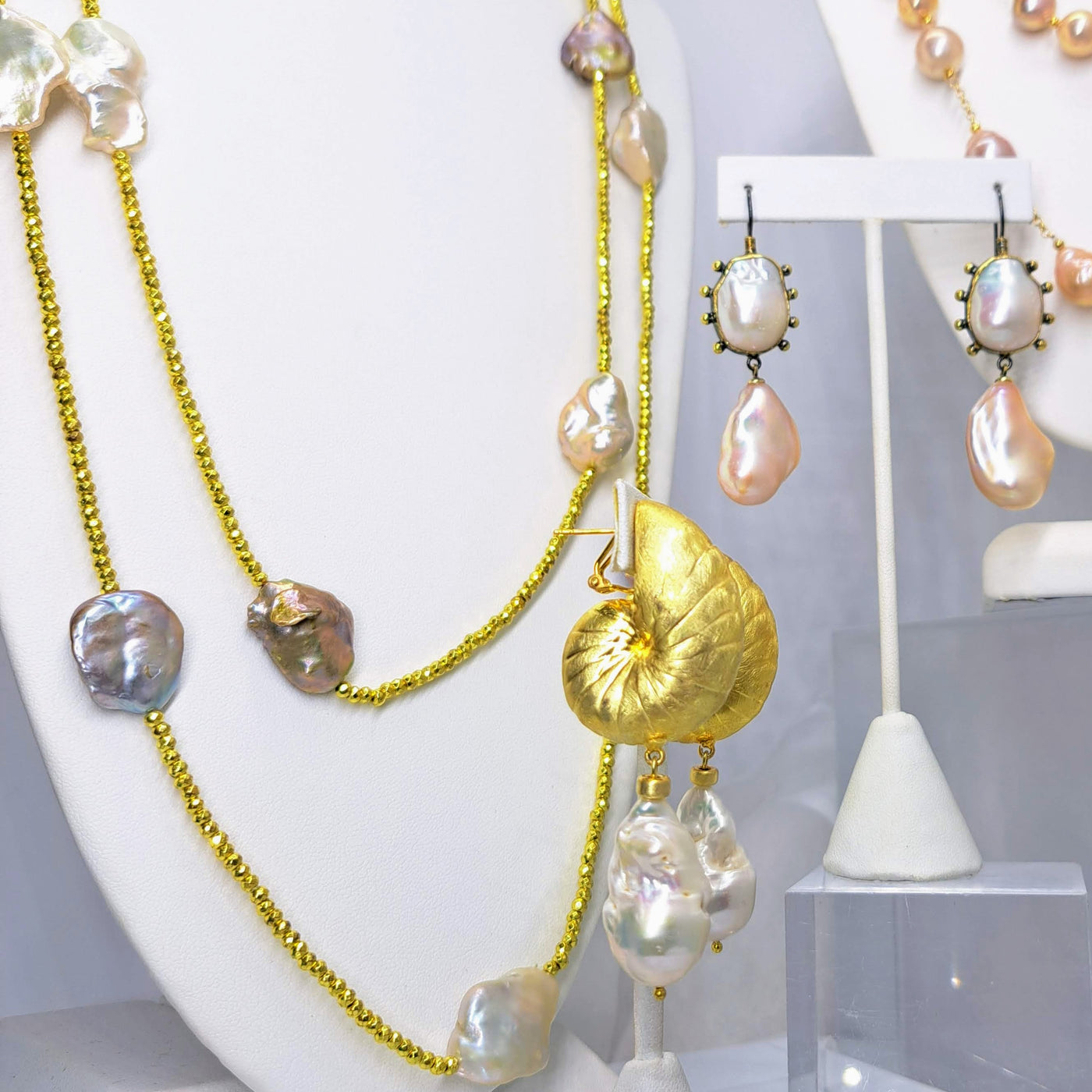 "Golden Girl" 60" Necklace - Baroque Pearls & Gold Hematite