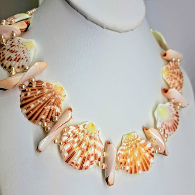 "Shell Love It" 18"-20" Necklace - pearls, conch shell hearts, clam shells, sterling silver.
