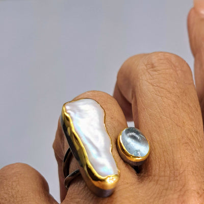 "In The Blue" Adjustable Ring - Aquamarine, Pearl, Black Silver, 18k Gold