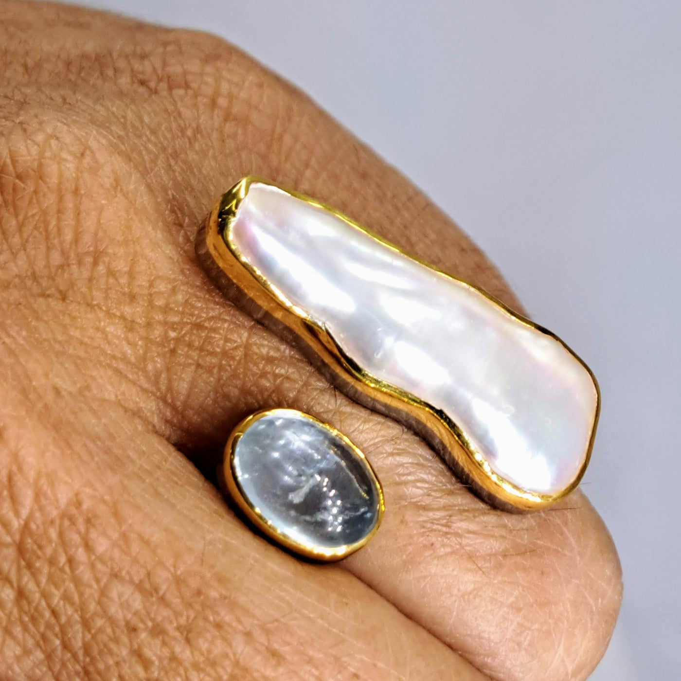 "In The Blue" Adjustable Ring - Aquamarine, Pearl, Black Silver, 18k Gold