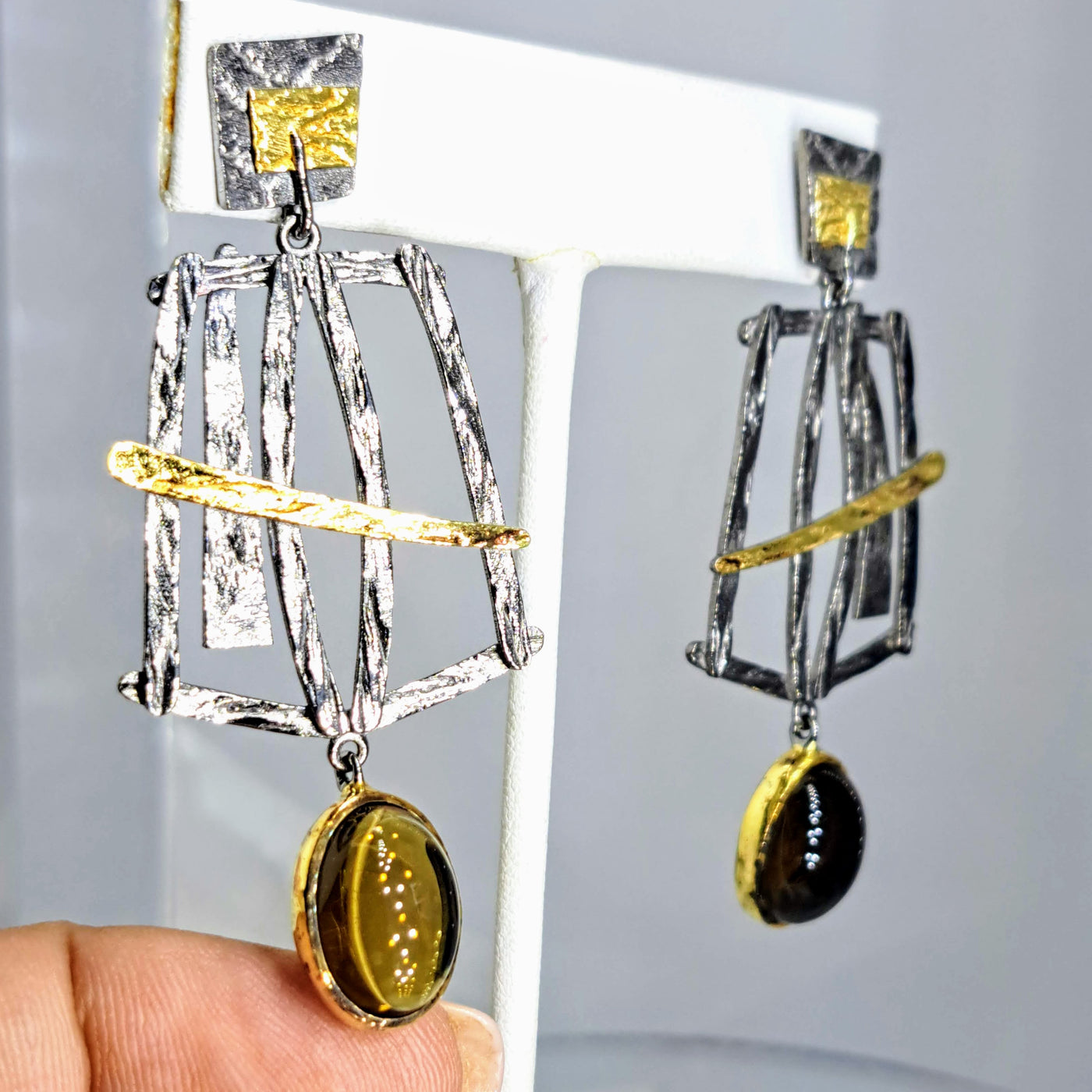 "She Says 'Topaz" 2.75" Earrings - Topaz, Black Sterling, 18k Gold