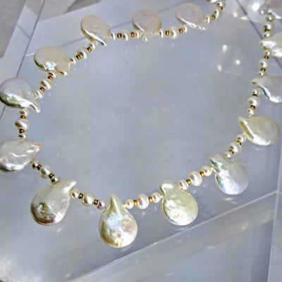 "Petalista" 18" Necklace - Baroque Coin Pearls,14K Gold