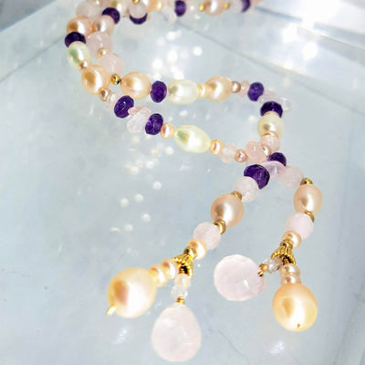 "Pretty In Pink Lasso" 50" Necklace - Amethyst, Rose Quartz, Pearl, 14k Gold