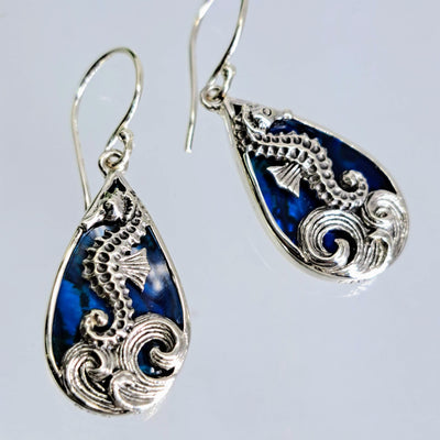 "Ride The Wave" 1.25" Earrings - Blue Paua Shell Mother Of Pearl, Sterling