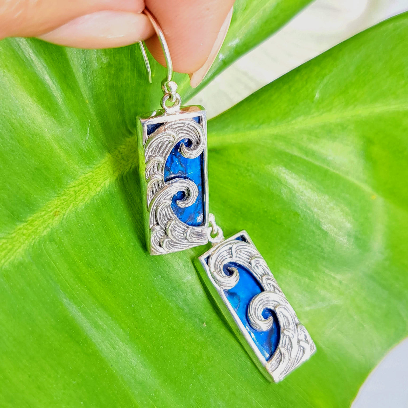 "Blue Waves" 1.5" Earrings - Blue Paua Shell Mother Of Pearl, Sterling