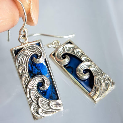 "Blue Waves" 1.5" Earrings - Blue Paua Shell Mother Of Pearl, Sterling