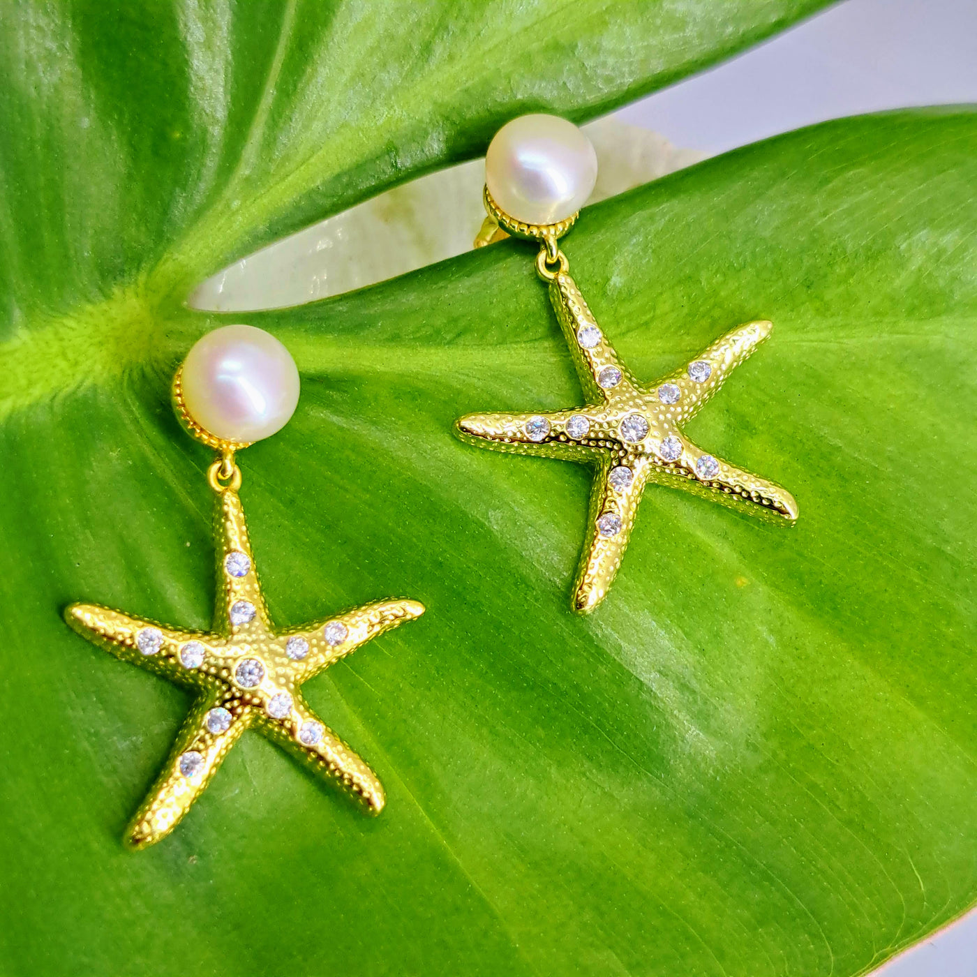 "Sea Stars" 1.5" Earrings - Pearl, White Topaz, Gold Sterling