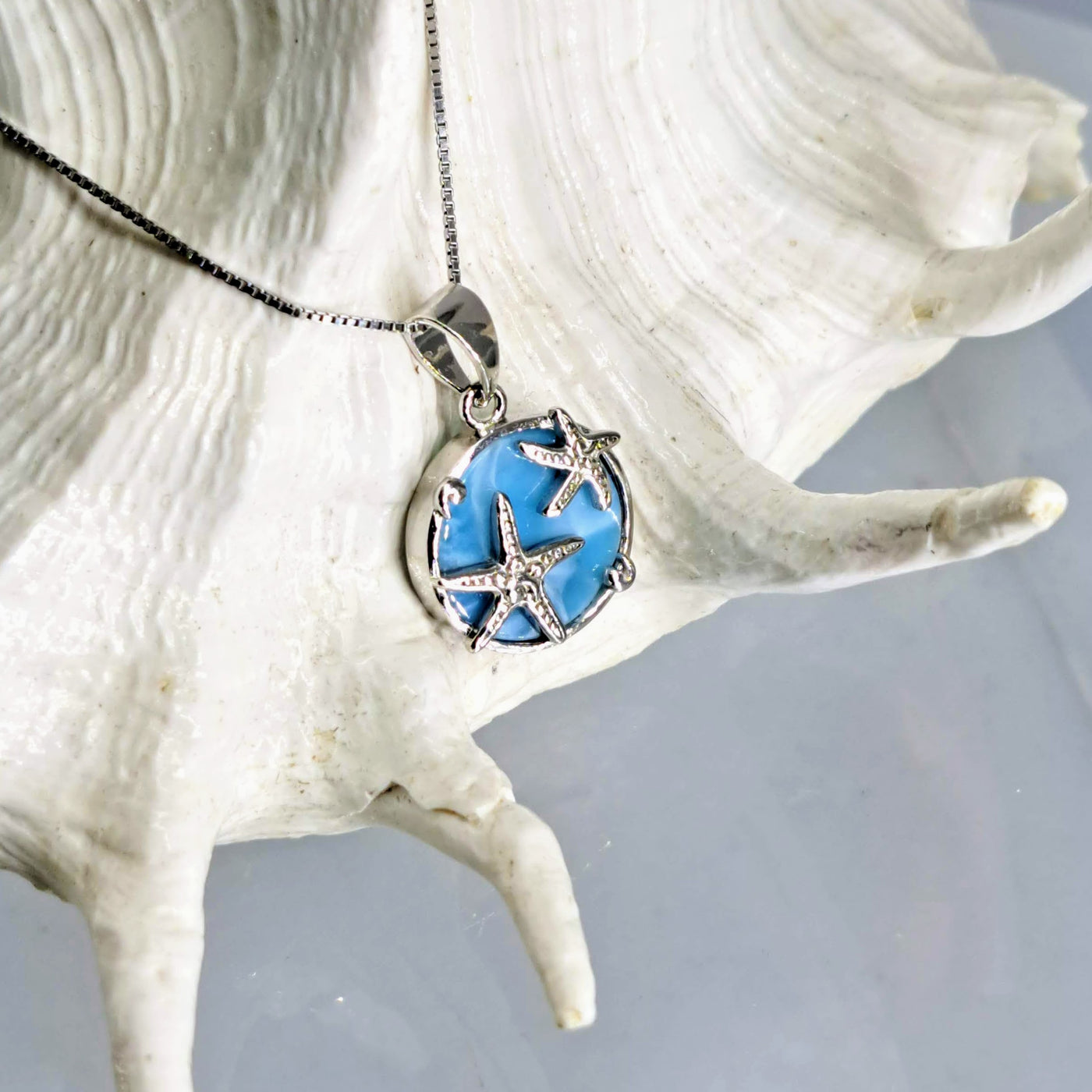 "Sea N Stars" 16" Pendant Necklace - Larimar, Anti-Tarnish Silver