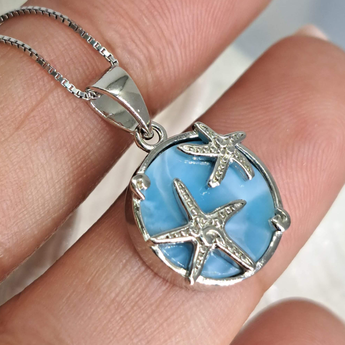 "Sea N Stars" 16" Pendant Necklace - Larimar, Anti-Tarnish Silver