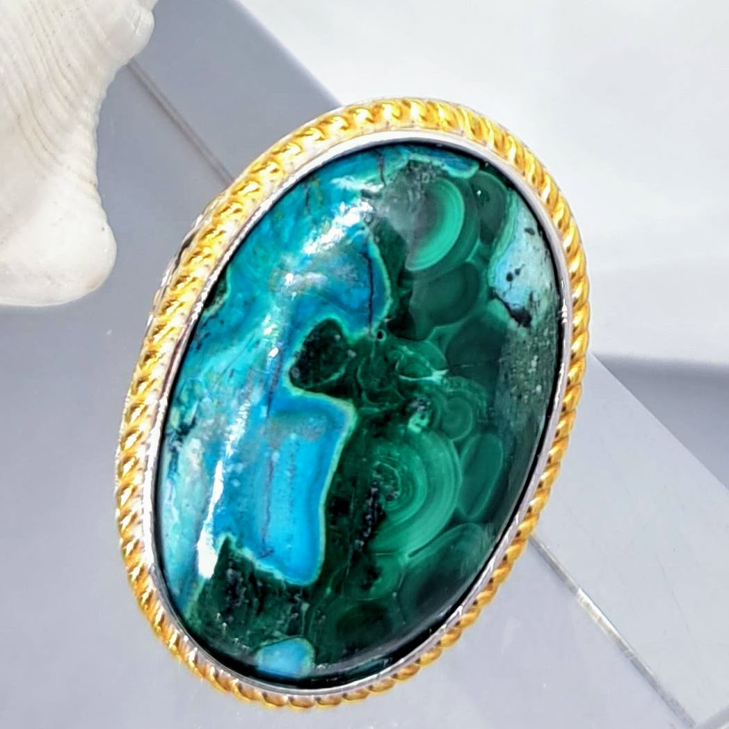"Garden Grow" Sz 7.5 Ring - Malachite, Chrysocolla, Sterling Silver, 18k Gold