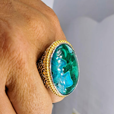 "Garden Grow" Sz 7.5 Ring - Malachite, Chrysocolla, Sterling Silver, 18k Gold