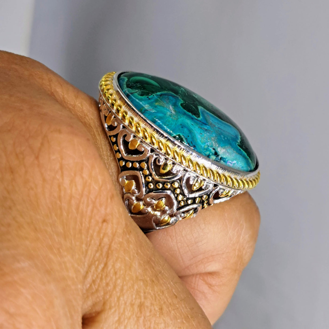 "Garden Grow" Sz 7.5 Ring - Malachite, Chrysocolla, Sterling Silver, 18k Gold