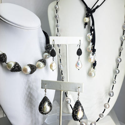 "Sparkle Drop Dark" 2" Earrings - Pearl, Swarovski, Sterling