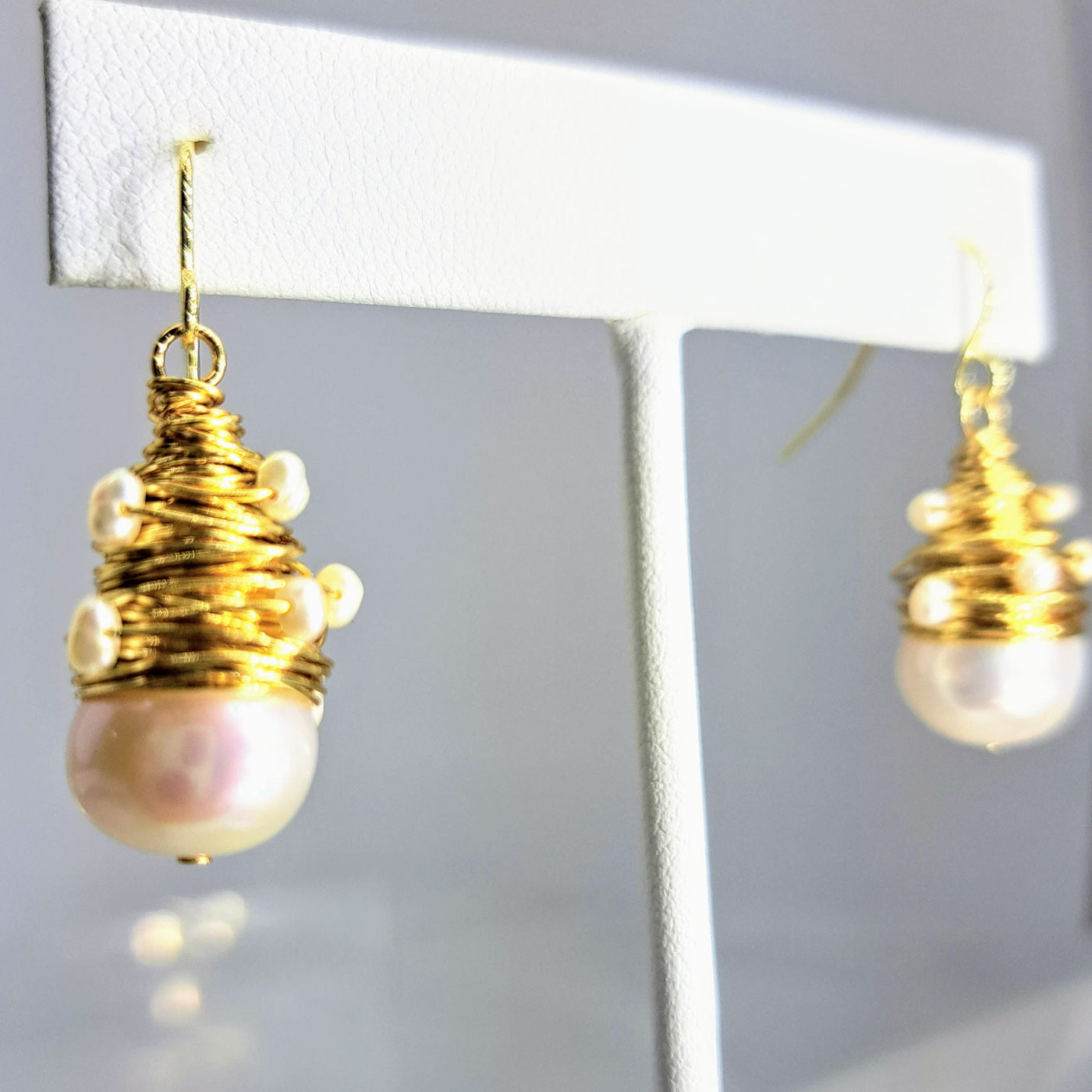 "Bird's Nest" 1.5" Earrings - White Pearl, Gold-filled, wire-wrapped, gold sterling French Hook