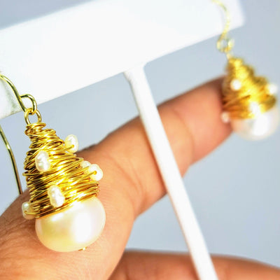 "Birds Nest" 1.5" Earrings - White Pearl, Gold-filled, wire-wrapped, gold sterling French Hook