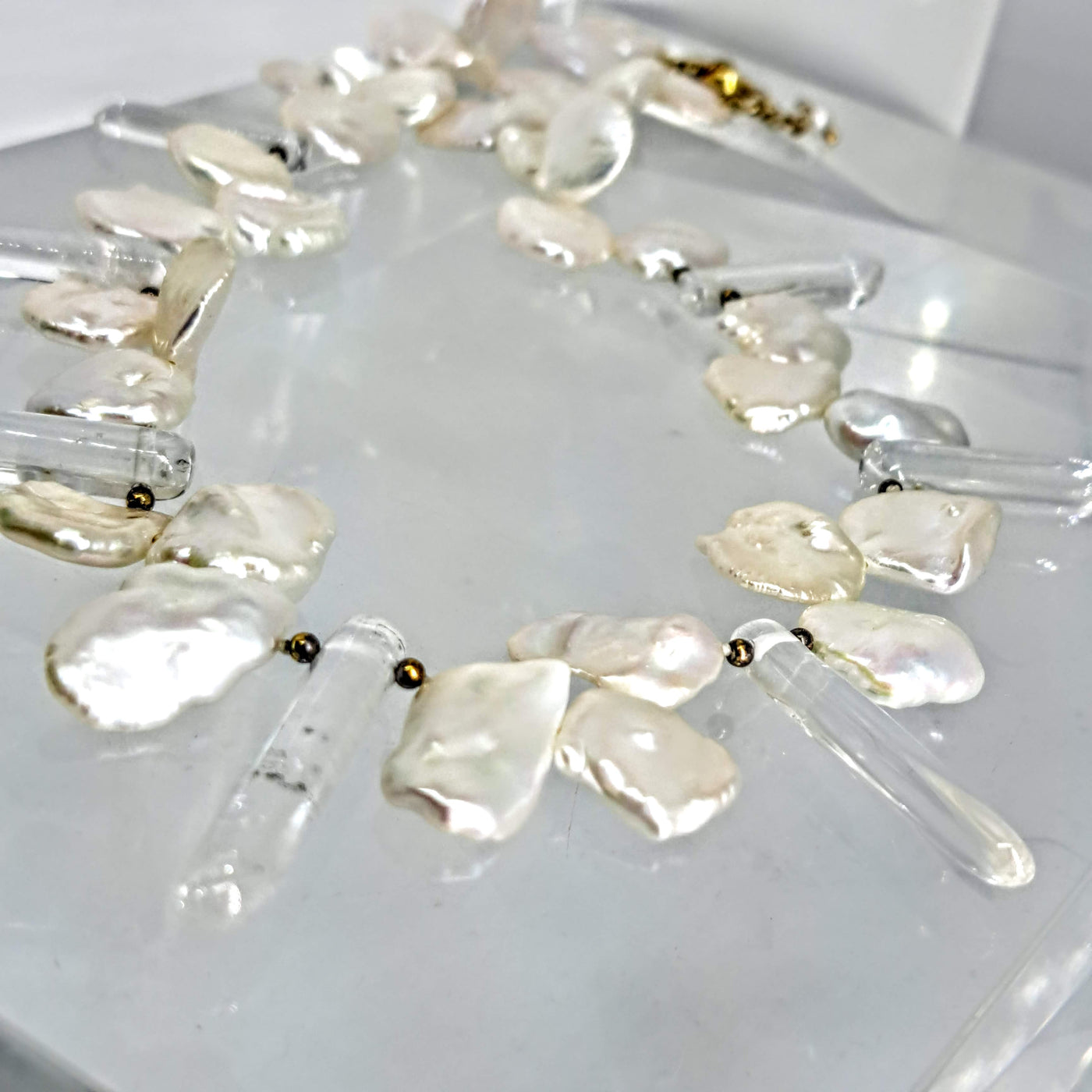 "Petals & Thorns" 16"-18" Necklace - Pearl, Quartz, Gold Over Silver