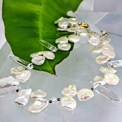 "Petals & Thorns" 16"-18" Necklace - Pearl, Quartz, Gold Over Silver