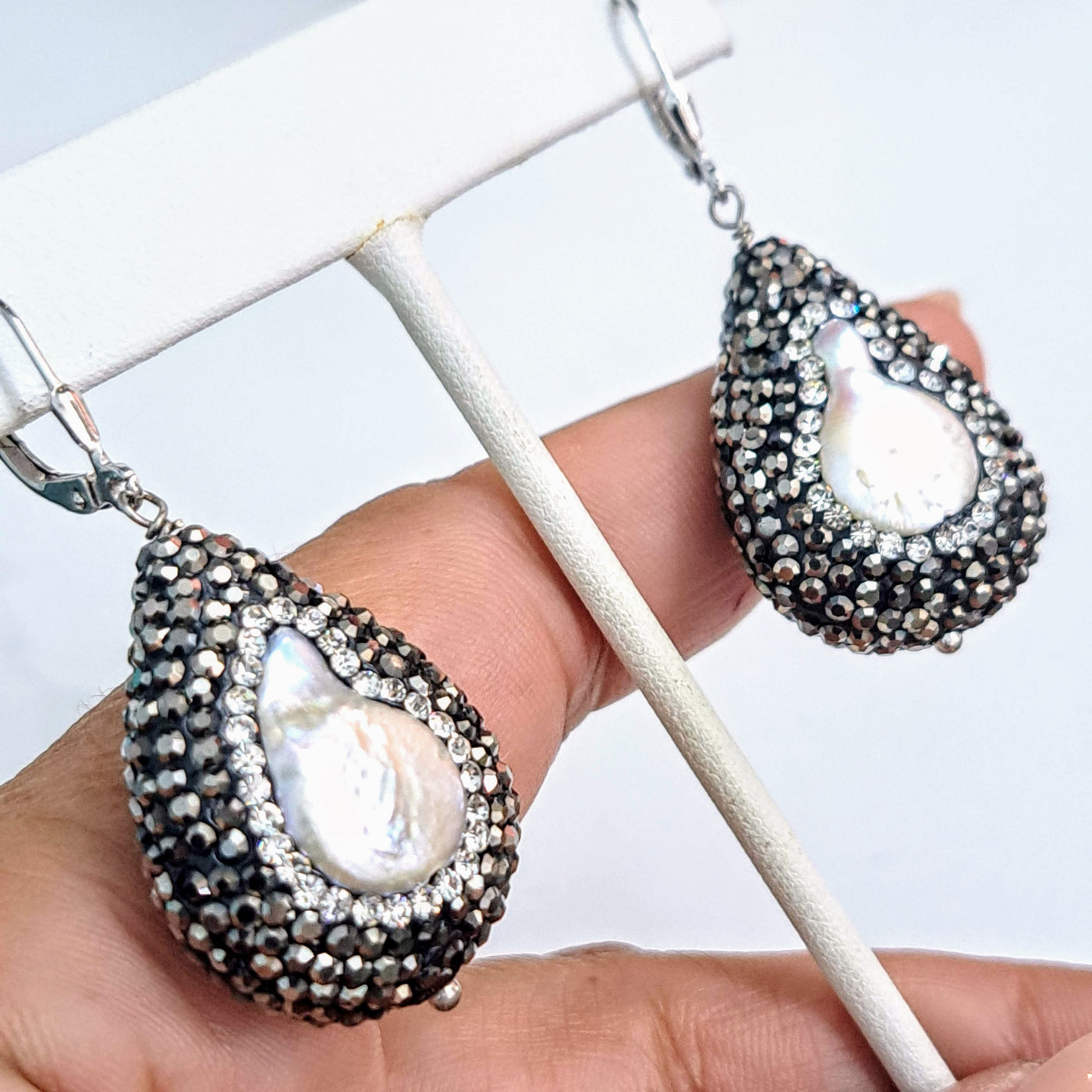 "Sparkle Drop Dark" 2" Earrings - Pearl, Swarovski, Sterling