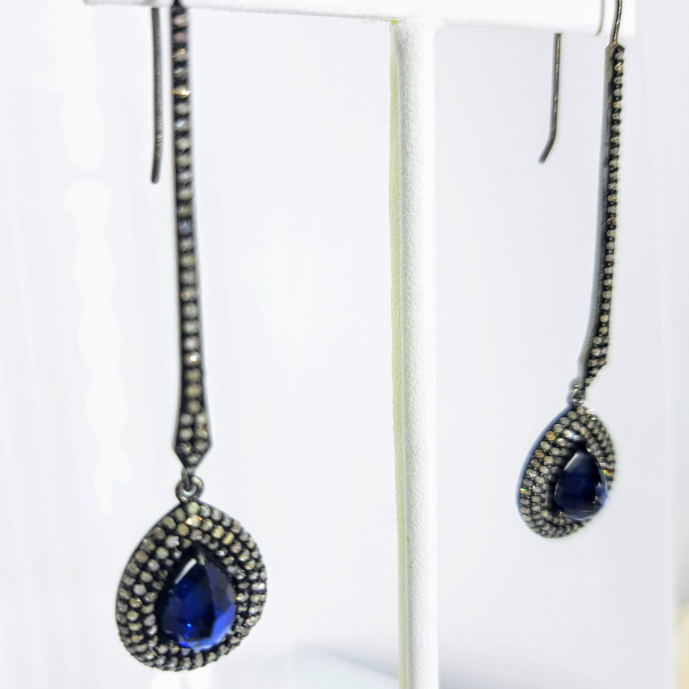 "Ceylon Sparklers" 2.75" Earrings - Sapphire, Diamonds, Black Sterling