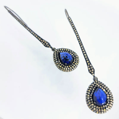 "Ceylon Sparklers" 2.75" Earrings - Sapphire, Diamonds, Black Sterling